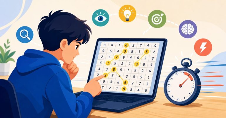 Người chơi tập trung tìm số nhanh trên màn hình với đồng hồ đếm thời gian