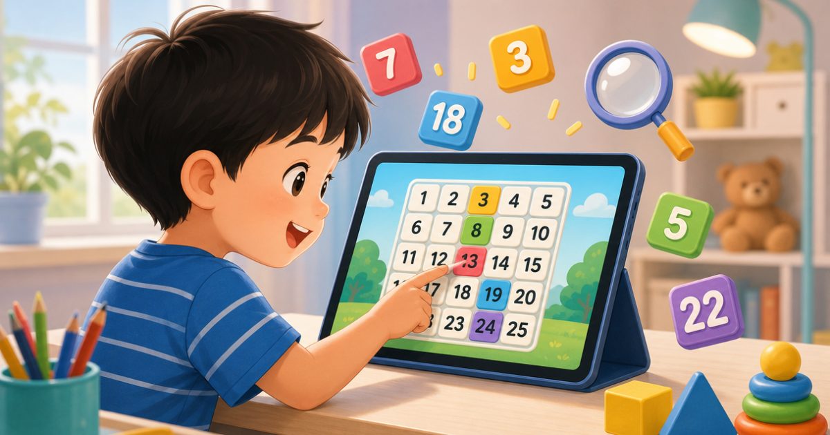 Bé chơi game tìm số trên máy tính bảng để luyện quan sát
