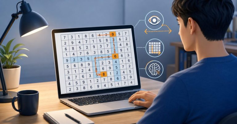 Người chơi quan sát bảng số trên máy tính với các vùng quét mắt rõ ràng