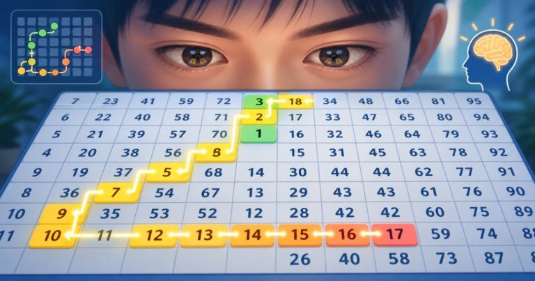 Người chơi giữ hướng quét mắt khi tìm các số liên tiếp trên bảng số
